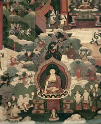 Vie de Bouddha Sakymuni, les armées de Mara attaquant le Béni (peinture sur soie)